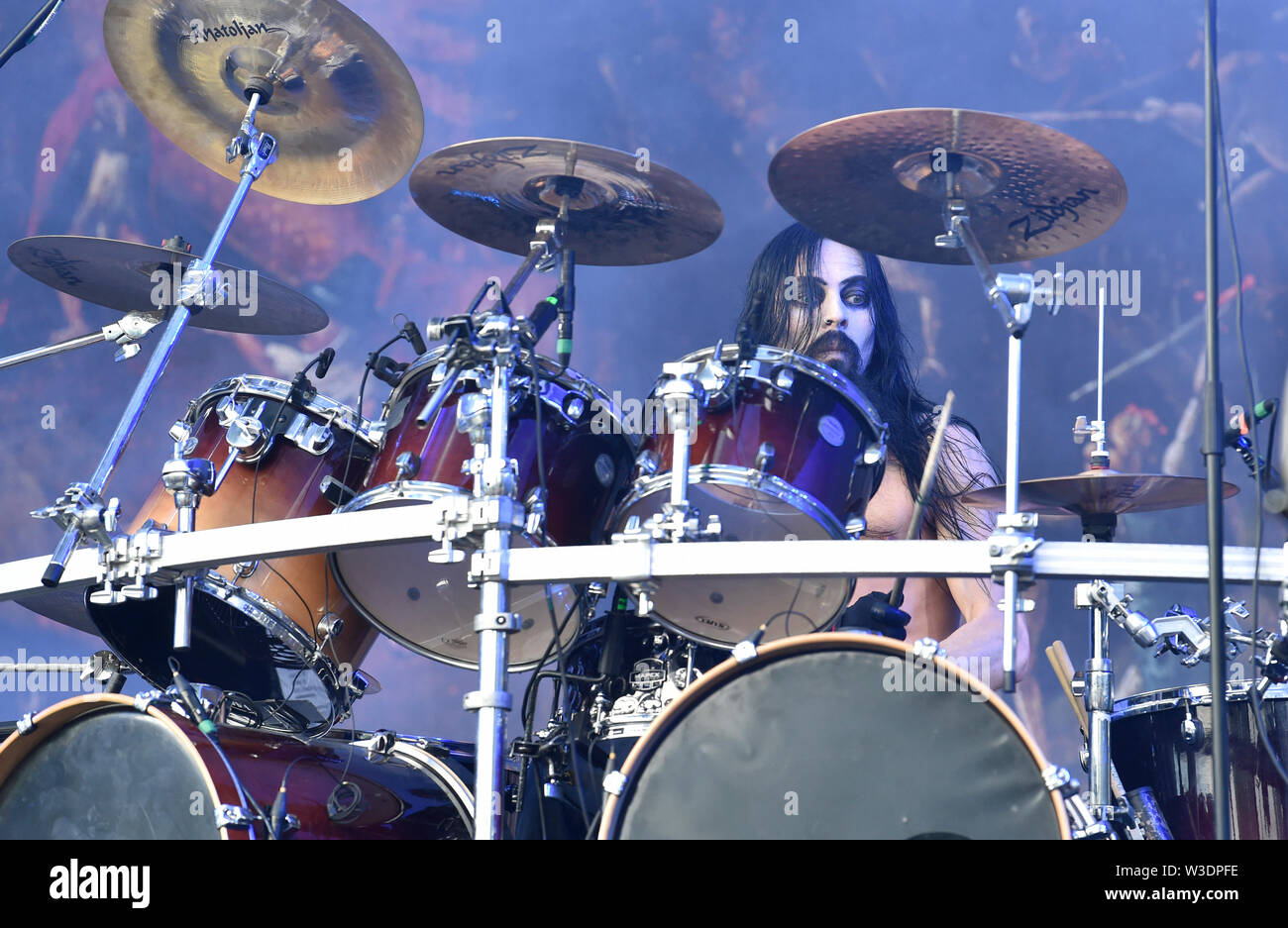 Vizovice, Czech Republic. 13th July, 2019. Drummer KJETIL VIDAR HARALDSTAD performs with Norwegian black metal band Satyricon during the international open-air festival Masters of Rock, in Vizovice, Czech Republic, July 13, 2019. Festival Masters of Rock will take place from Thursday 11th to Sunday 14th July 2019 in the beloved area of the R. Jelinek distillery in Vizovice. Credit: Dalibor Gluck/CTK Photo/Alamy Live News Stock Photo