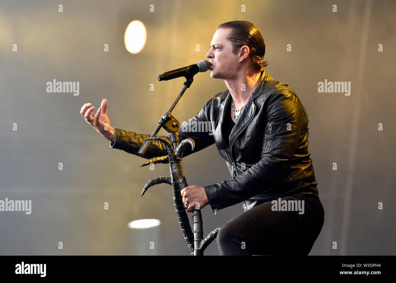 Vizovice, Czech Republic. 13th July, 2019. Singer SIGURD WONGRAVEN performs with Norwegian black metal band Satyricon during the international open-air festival Masters of Rock, in Vizovice, Czech Republic, July 13, 2019. Festival Masters of Rock will take place from Thursday 11th to Sunday 14th July 2019 in the beloved area of the R. Jelinek distillery in Vizovice. Credit: Dalibor Gluck/CTK Photo/Alamy Live News Stock Photo
