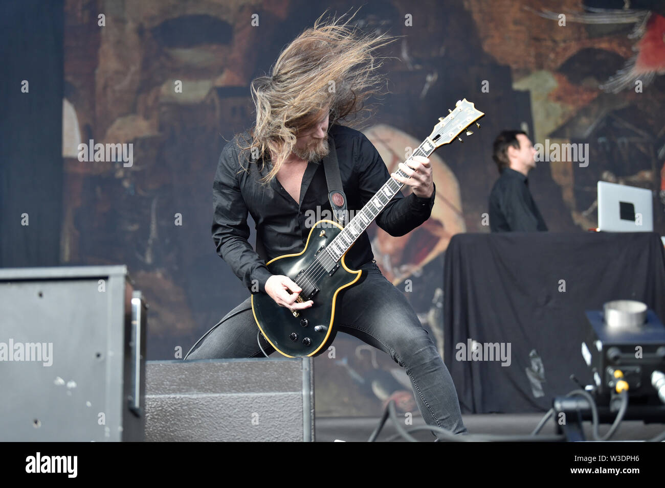 Vizovice, Czech Republic. 13th July, 2019. Guitarist STEINAR GUNDERSEN performs with Norwegian black metal band Satyricon during the international open-air festival Masters of Rock, in Vizovice, Czech Republic, July 13, 2019. Festival Masters of Rock will take place from Thursday 11th to Sunday 14th July 2019 in the beloved area of the R. Jelinek distillery in Vizovice. Credit: Dalibor Gluck/CTK Photo/Alamy Live News Stock Photo