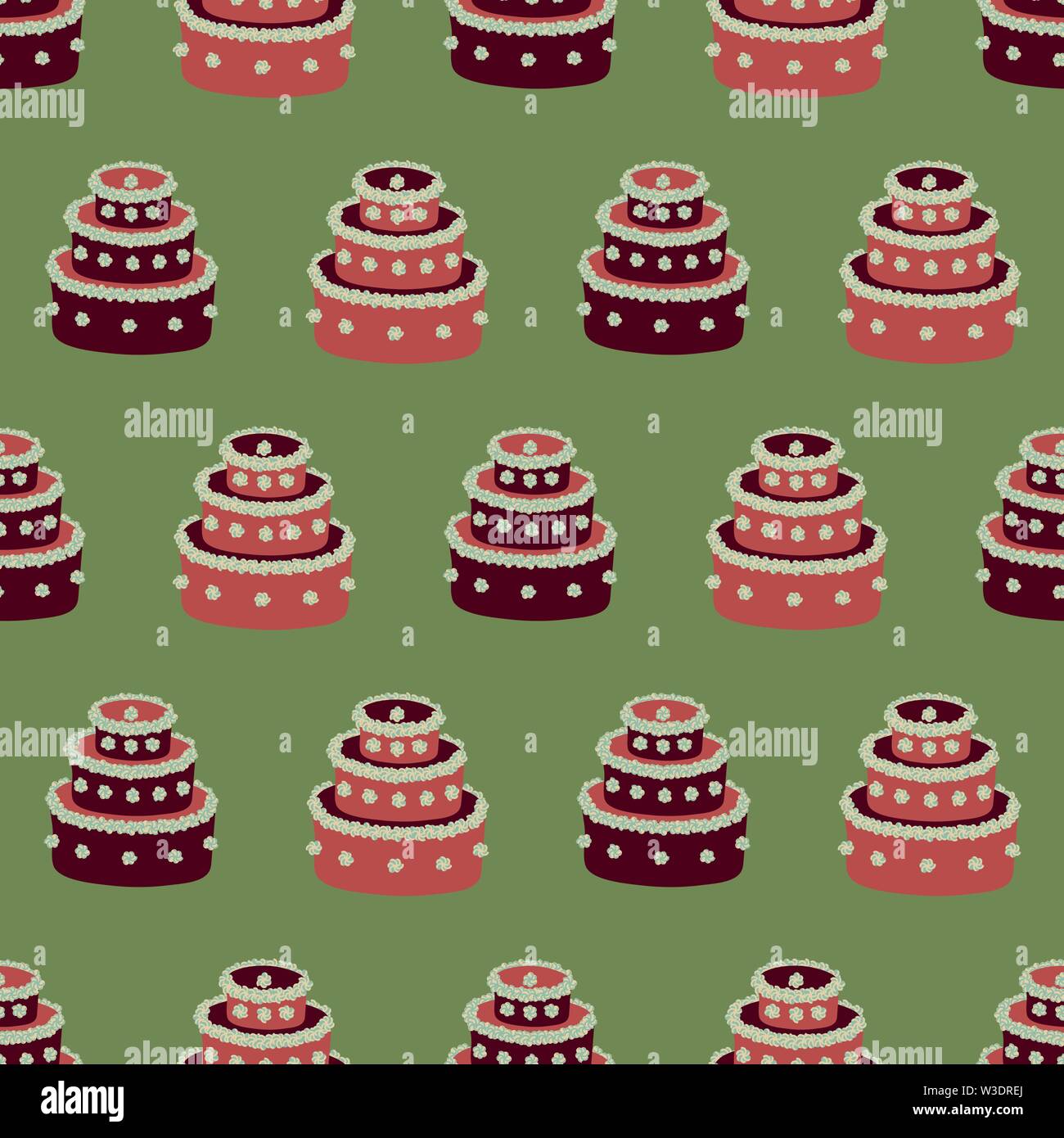 seamless vector pattern with red christmas cakes on green background Stock Vector