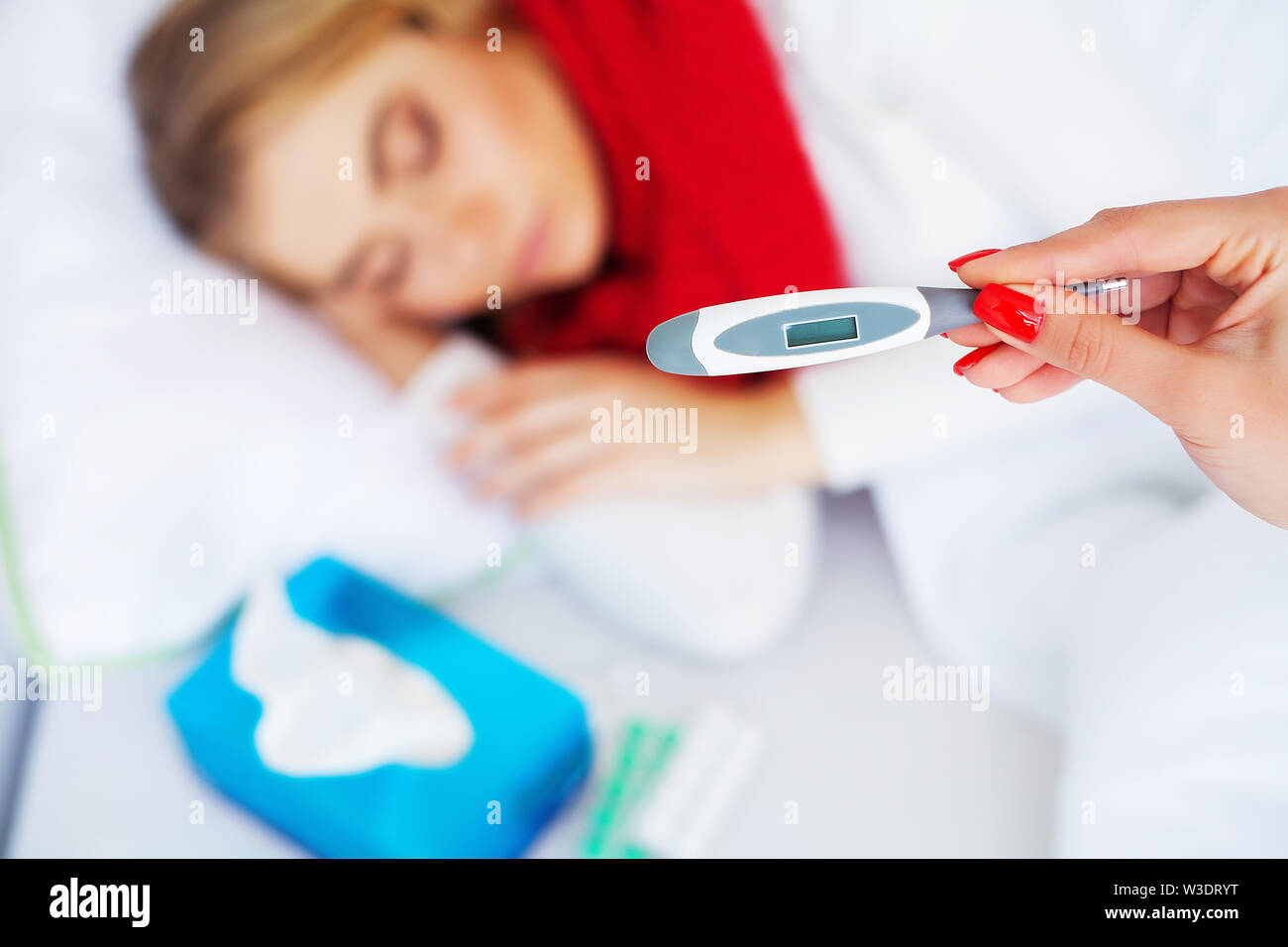 Fever And Cold. Portrait Of Beautiful Woman Caught Flu, Having Headache