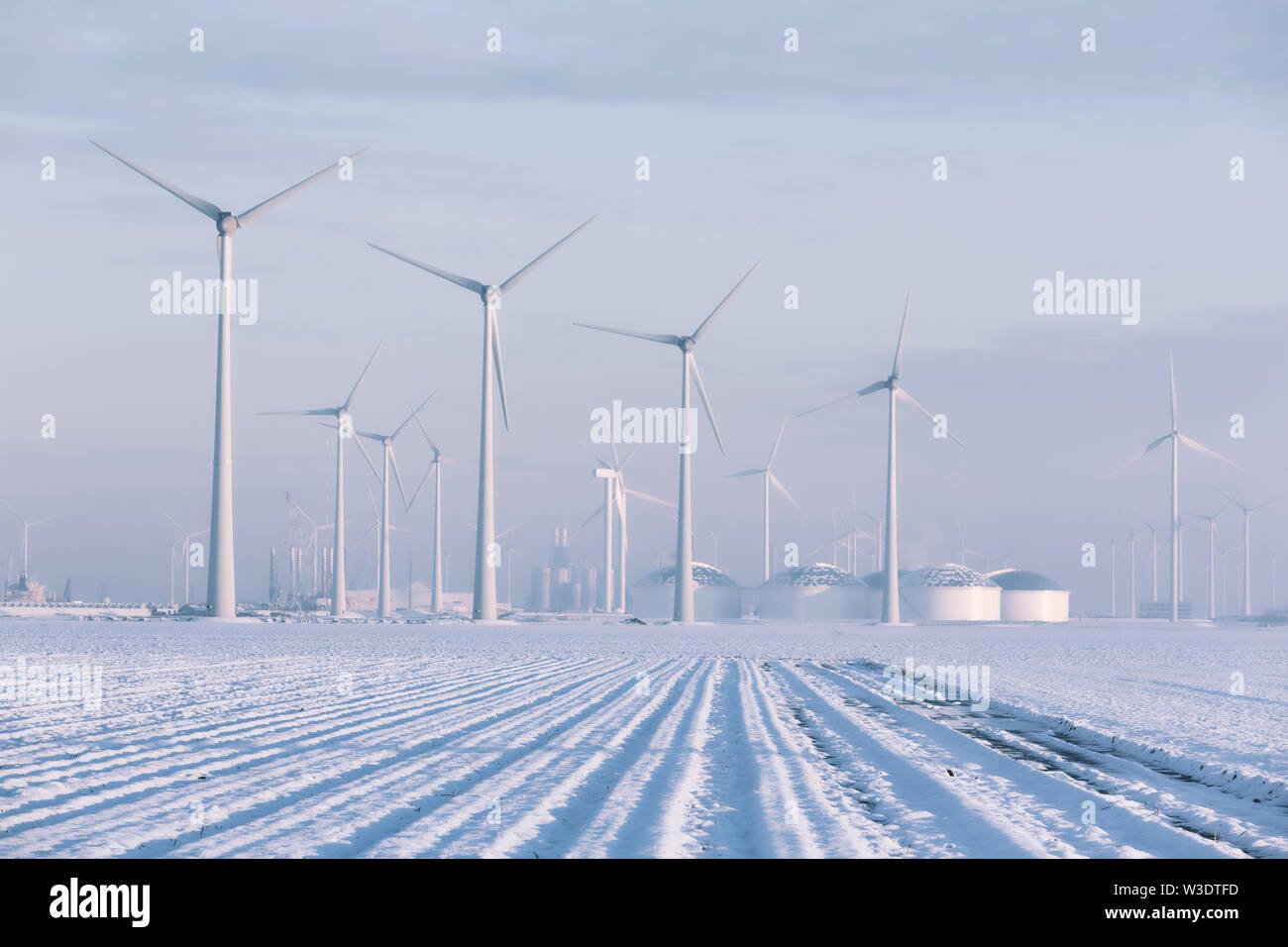 Windmills in a white winter landscape with snow producing green and sustainable energy to reduce global warming - Eemshaven, Groningen, The Netherland Stock Photo