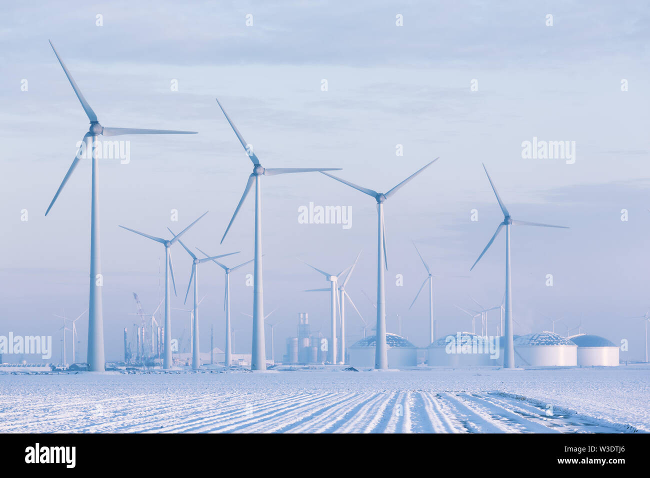 Windmills in a white winter landscape with snow producing green and sustainable energy to reduce global warming - Eemshaven, Groningen, The Netherland Stock Photo