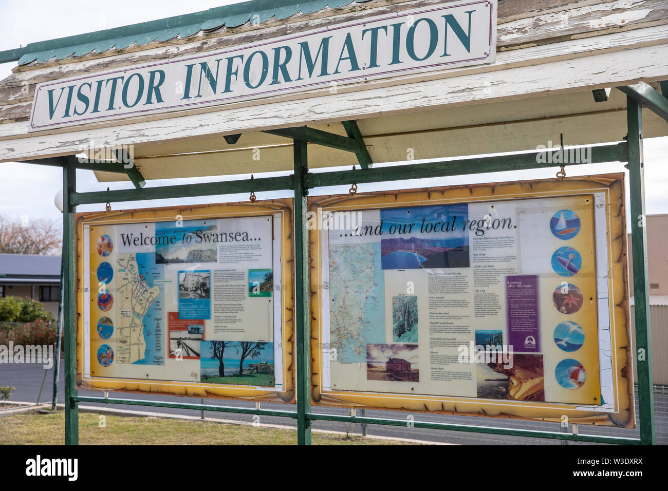 Swansea, Tasmania, visitor information board with local community information in this seaside village on the east coast of Tasmania,Australia Stock Photo