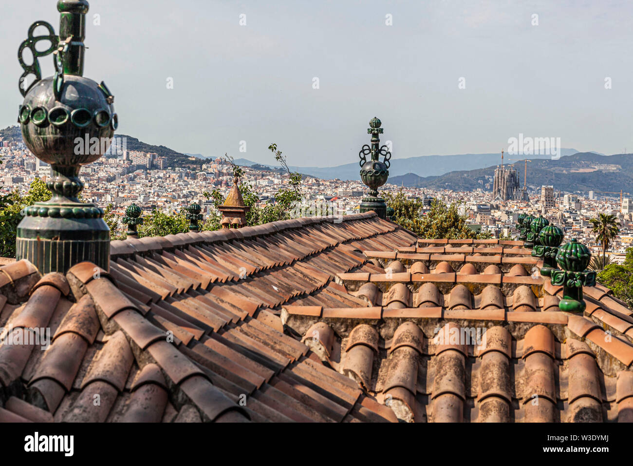 Artistic roof of restaurant building designed by Josep Puig i Cadafalch in Montjuic park of Barcelona, Catalonia, Spain. Stock Photo
