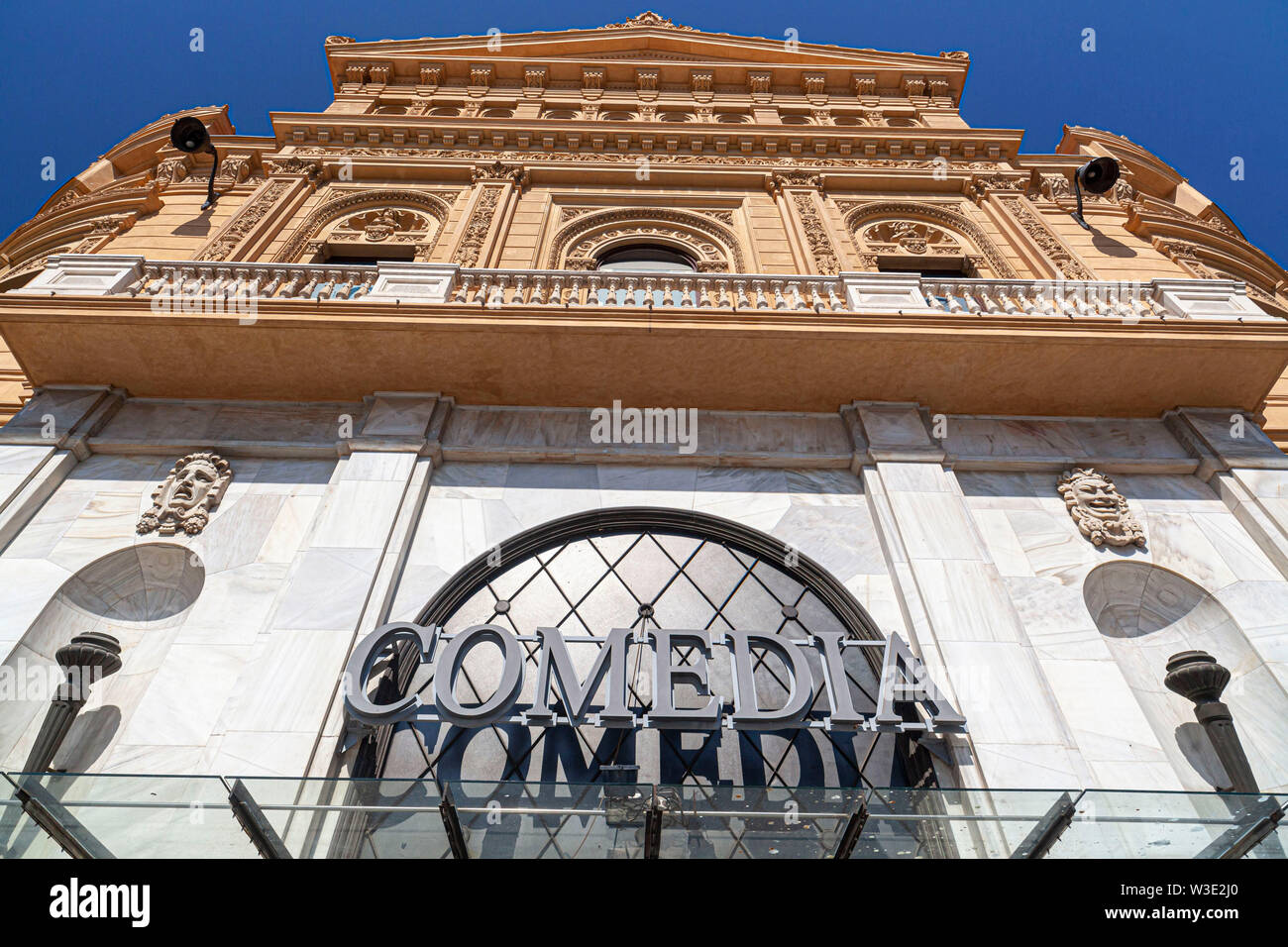 Barcelona, Spain.Old palace, Palau Marcet designed by Tiberi Sabater, cinema Comedia, located in Paseo de Gracia, Eixample quarter. Stock Photo