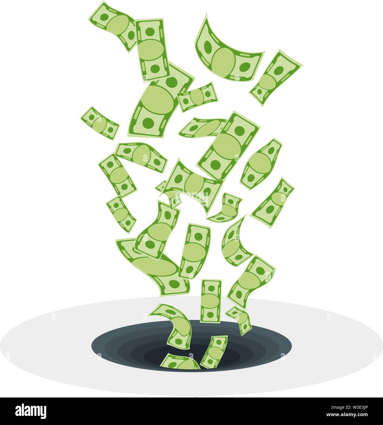 Waste of money. Dollar bills, banknotes fly into a black hole. Stock Vector