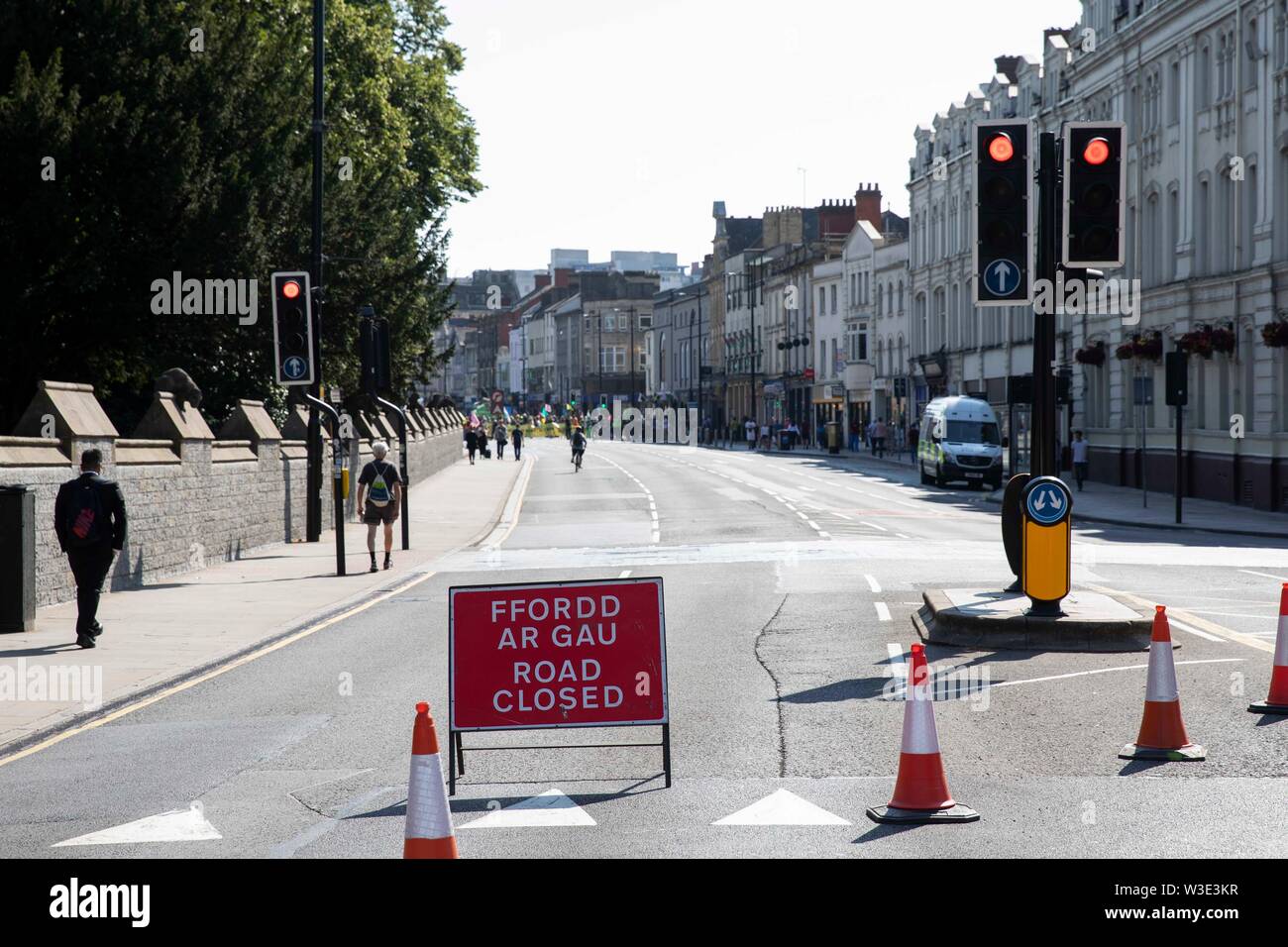 Cardiff, Wales, UK, July 15th 2019. A road closed sign as Extinction Rebellion activism closes roads around the city centre. Extinction Rebellion describes itself as an international rebellion against the criminal inaction on the climate and ecological crisis. Credit: Mark Hawkins/Alamy Live News Stock Photo