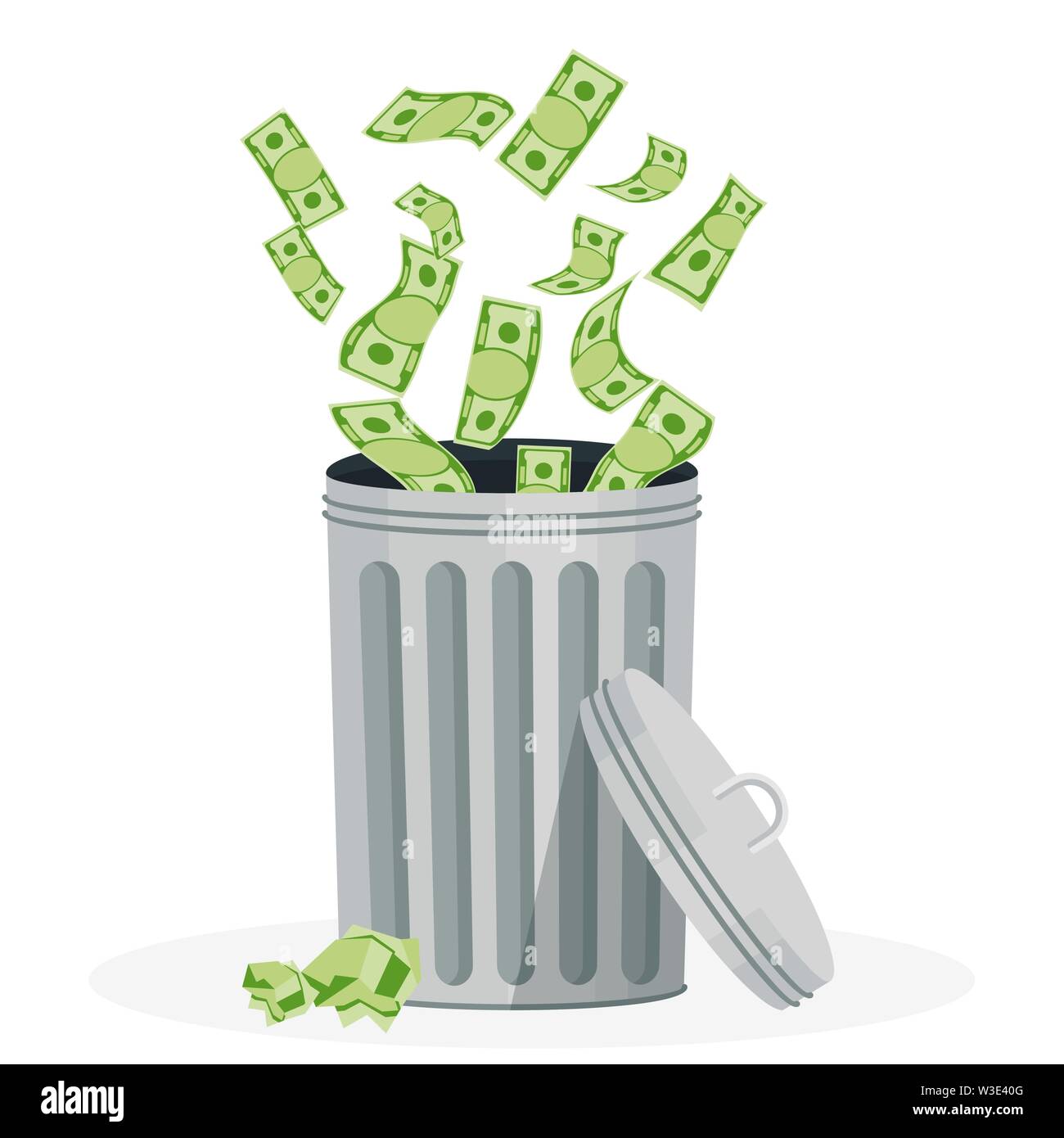 Waste of money. Dollar bills, banknotes fly into the trash. Stock Vector