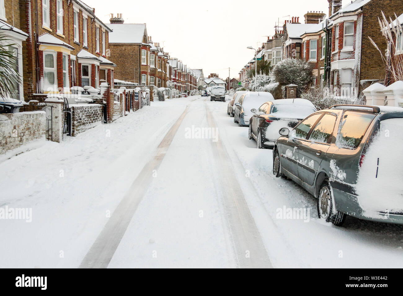 Ramsgate, England. Bad weather. Small side street lined with typical