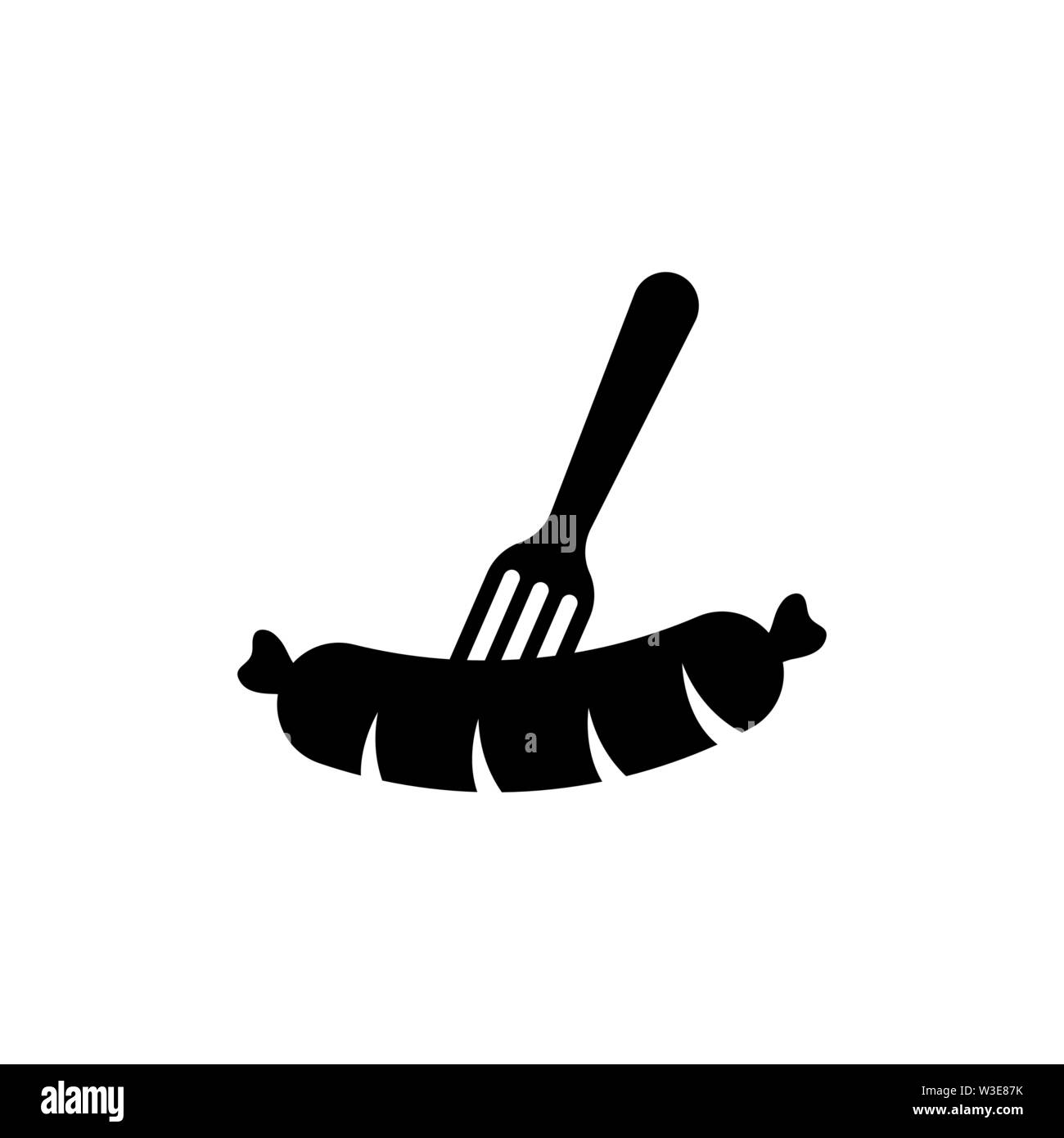 Grilled Sausage on Fork, BBQ. Flat Vector Icon illustration. Simple black symbol on white background. Grilled Sausage on Fork, BBQ sign design templat Stock Vector