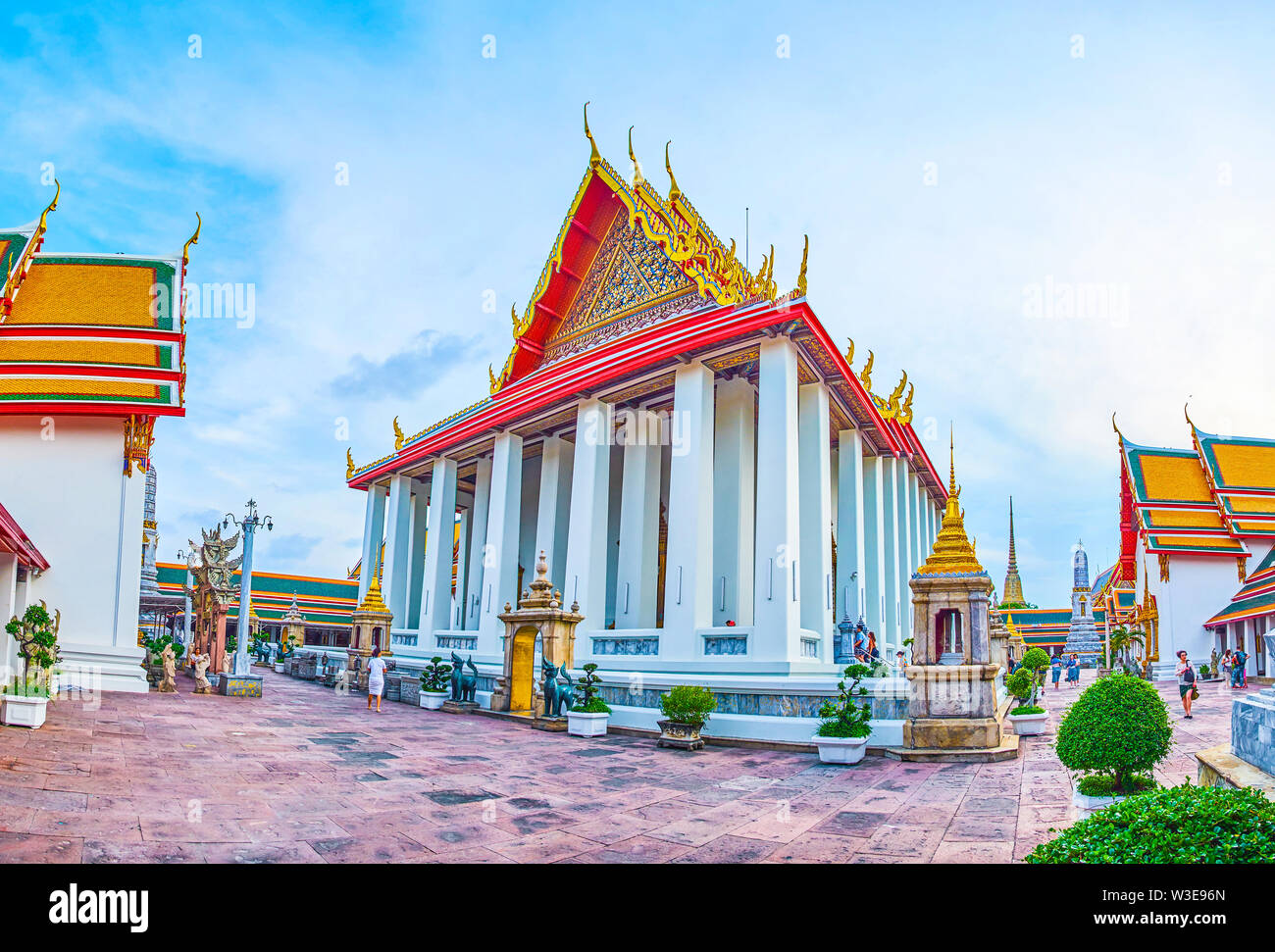 BANGKOK, THAILAND - APRIL 22, 2019: The panoramic  view on the facade part of Phra Ubosot shrine, the main temple in Wat Pho complex, also called the Stock Photo