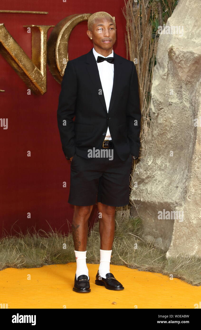 Pharrell Williams attends the European Premiere of Disney's The Lion King at the Odeon Luxe cinema, Leicester Square in London. Stock Photo