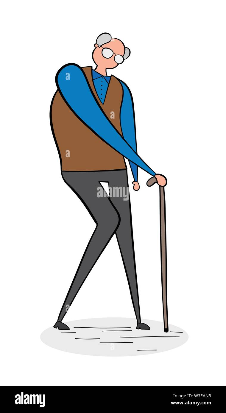 Old man walking with his walking stick, hand-drawn vector illustration ...