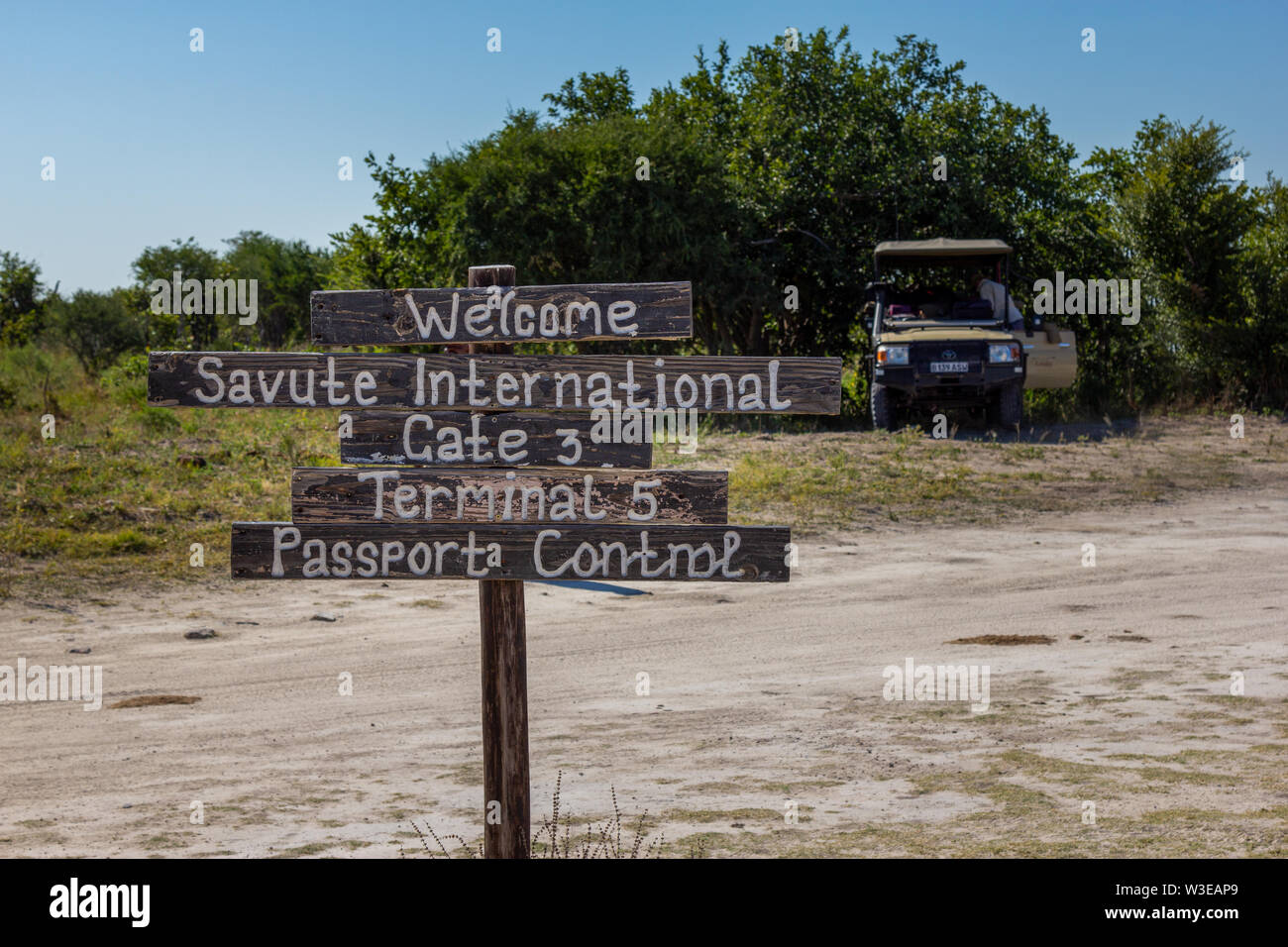 Welcome to Savute International Airport sign Stock Photo