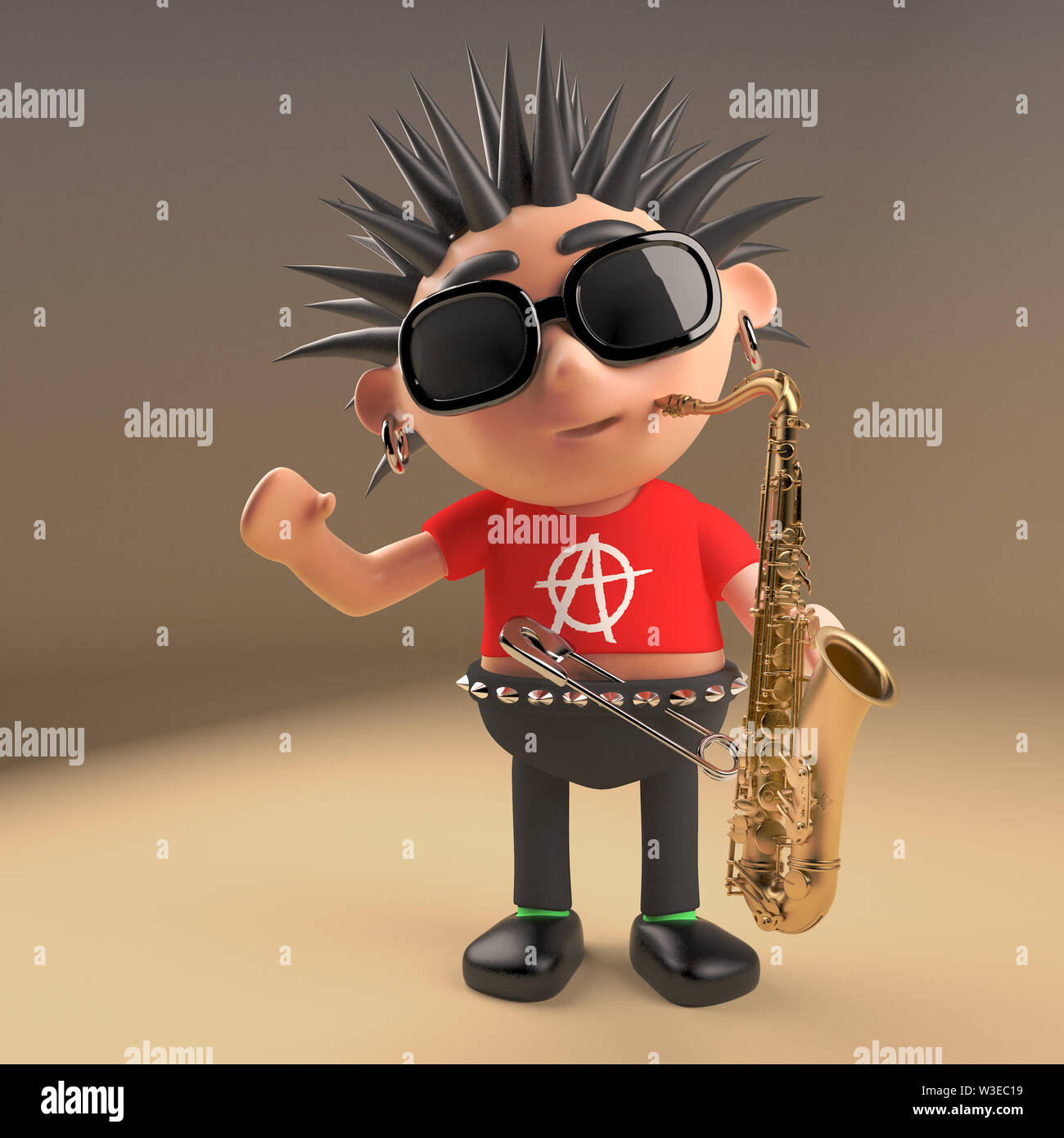 Musical 3d punk rocker with spikey hair playing a saxophone, 3d ...