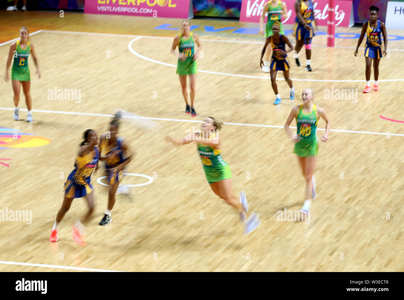 A general view of match action between Australia and Barbados during the netball World Cup match at the M&S Bank Arena, Liverpool. Stock Photo