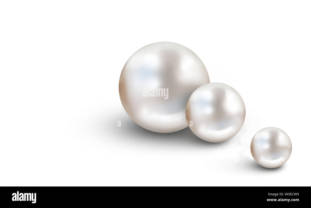 Wedding pearl background with two large white shiny nacreous pearls isolated on white and blue blurred background - space for text Stock Photo