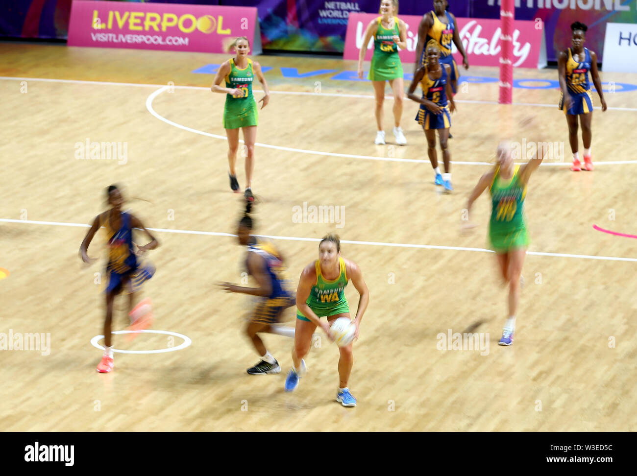 A general view of match action between Australia and Barbados during the Netball World Cup match at the M&S Bank Arena, Liverpool. Stock Photo