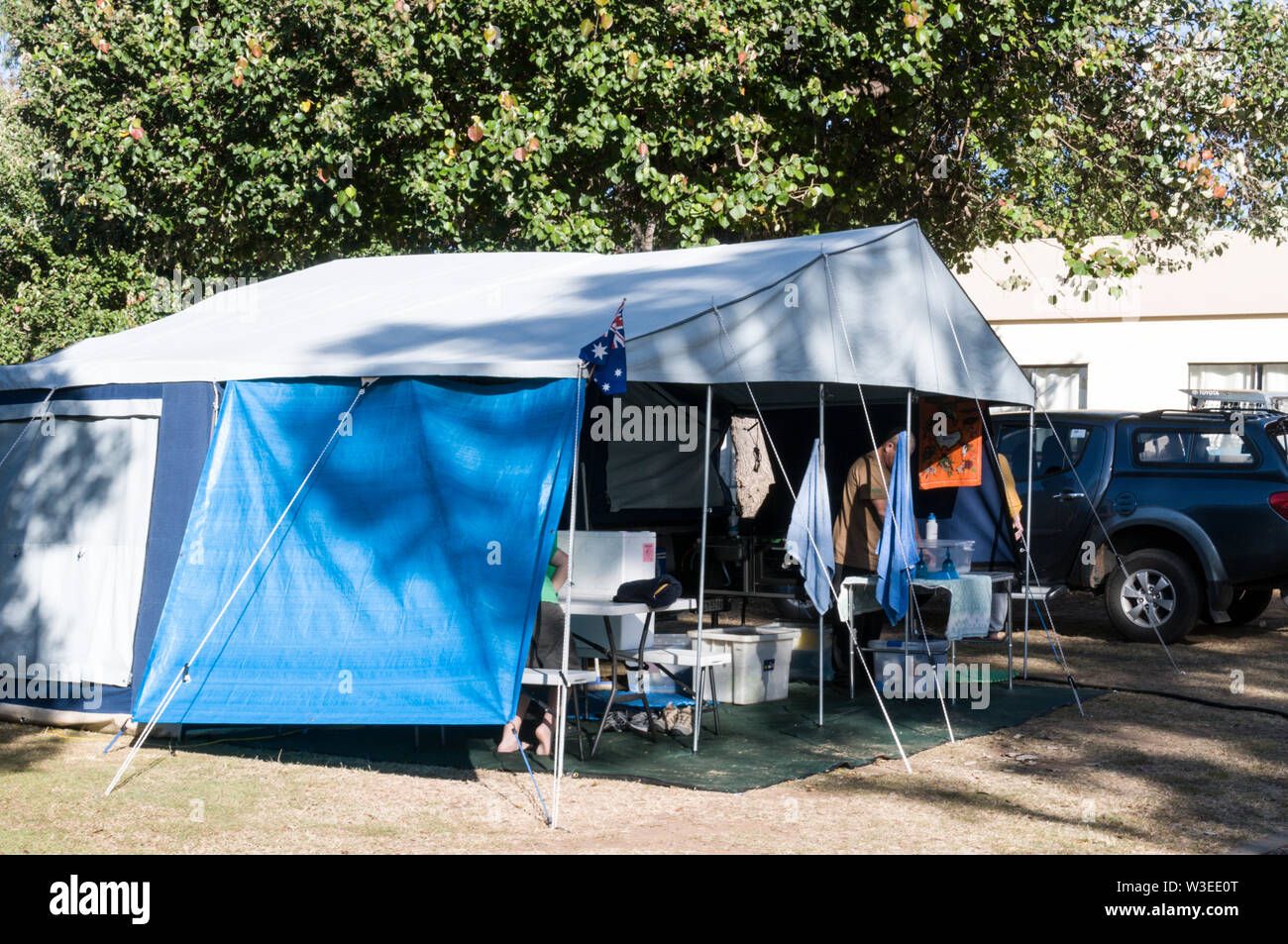 A large family size tent at the caravan / camp site at the Clermont