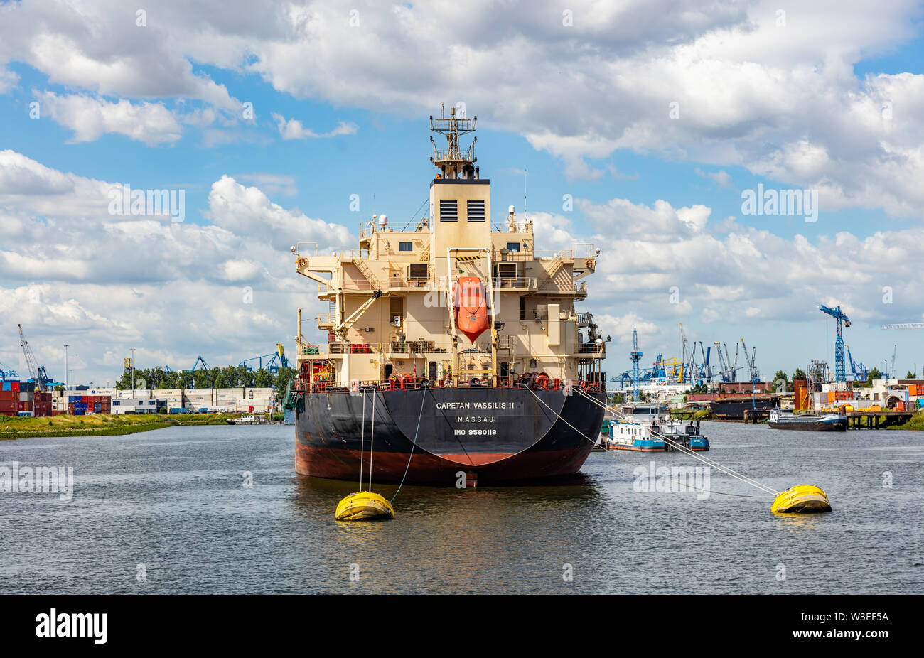 Rotterdam harbor, Netherlands. July 2nd, 2019. Ship anchored at international commercial port of Rotterdam, sunny summer day Photo - Alamy