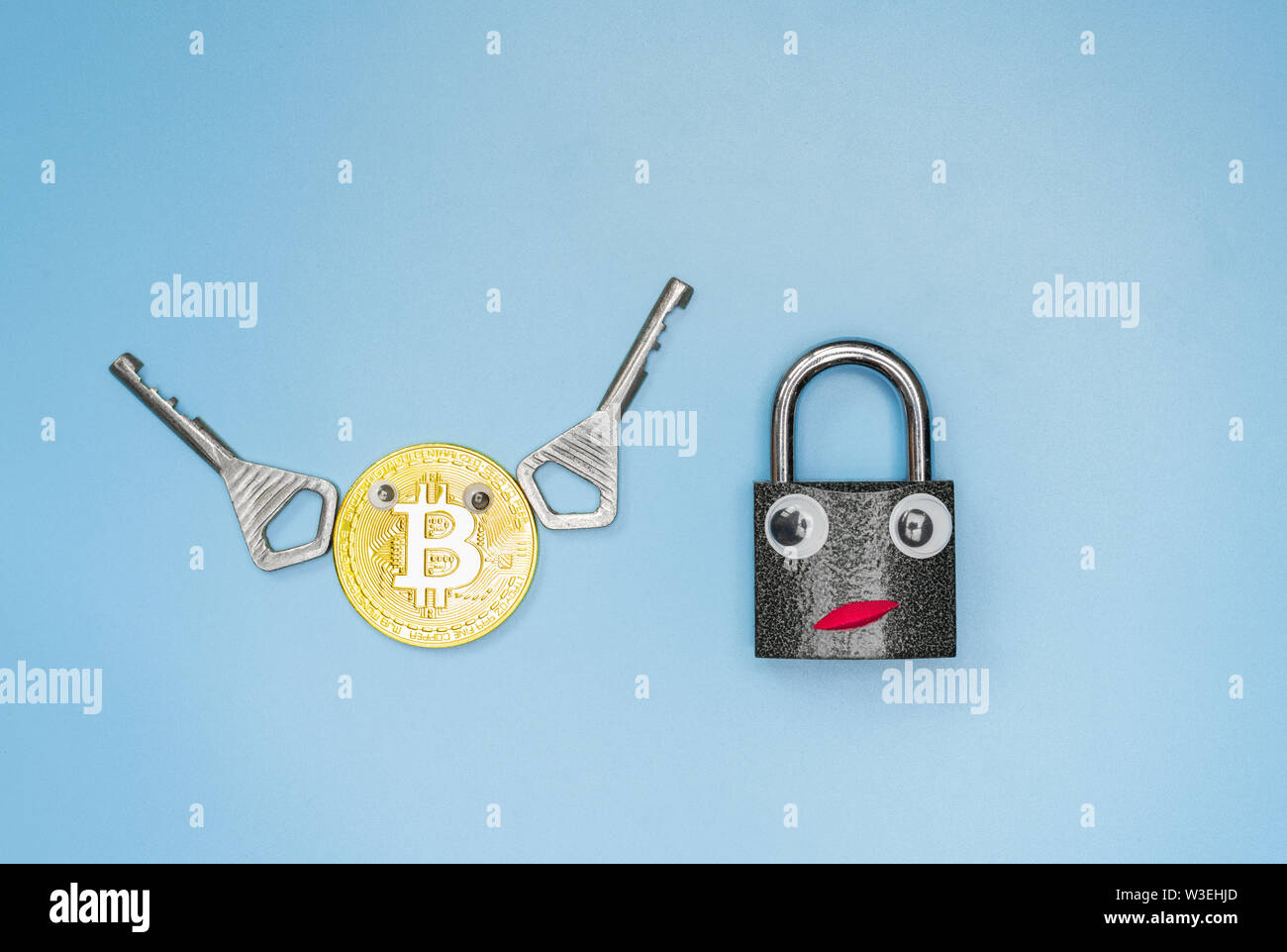 Bitcoin and lock funny concept, copy space. Cryptocurrency trading security  and privacy. Hacking and data protection Stock Photo - Alamy