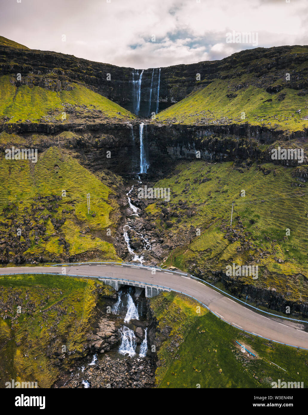 Aerial view of the Fossa Waterfall on island Bordoy in the Faroe Islands Stock Photo