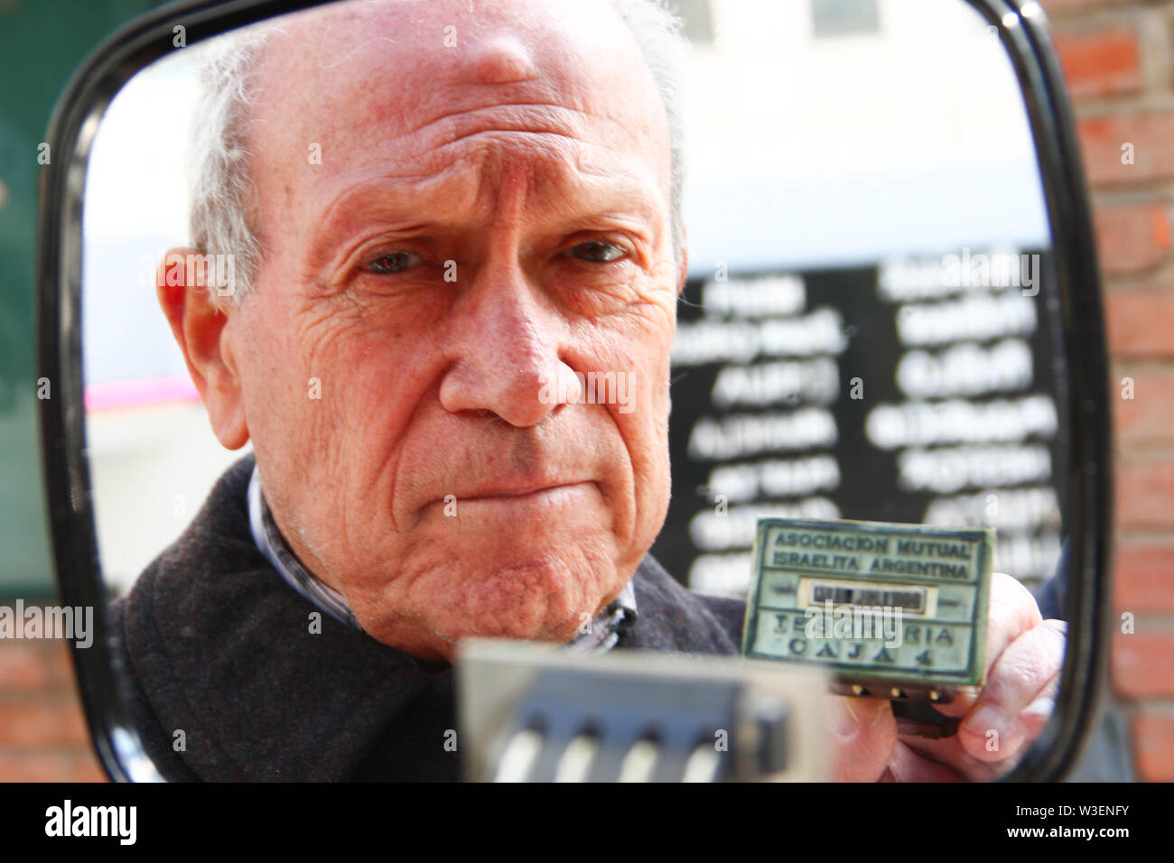 BUENOS AIRES, 14.07.2019: Jorge Beremblum, survivor of the car bomb attack on the AMIA headquarters on July 18, 1994 in front of the new building and Stock Photo