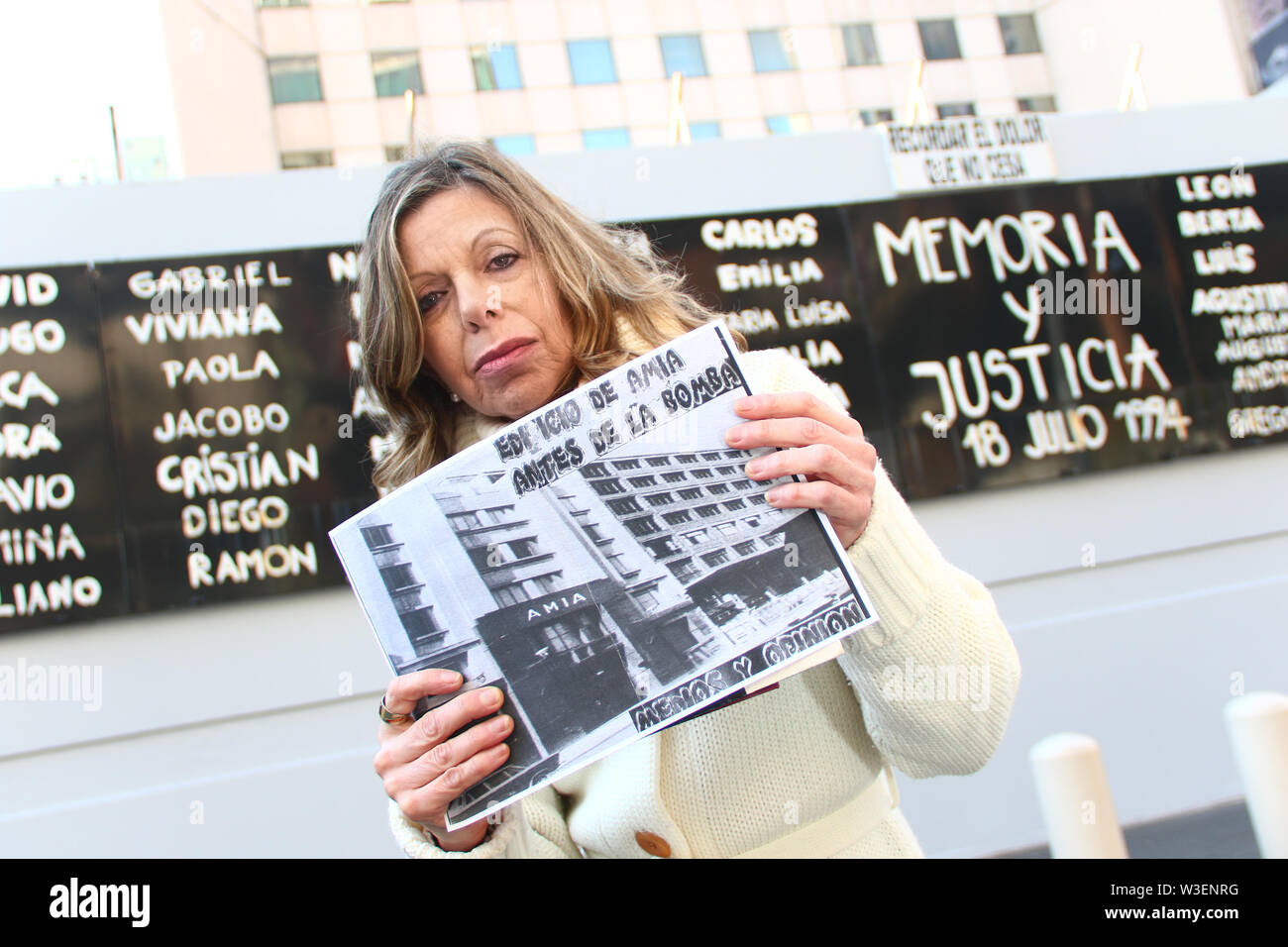 BUENOS AIRES, 14.07.2019: Mirta Regina Satz, survivor of the car bomb attack on the AMIA headquarters on July 18, 1994 in front of the new building an Stock Photo