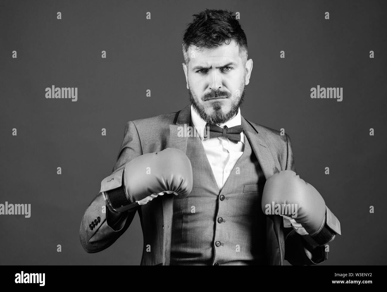 Inspired to work hard. knockout and energy. Fight. bearded man in boxing gloves punching. powerful man boxer ready for corporate battle. businessman in formal suit and tie. Business and sport success. Stock Photo
