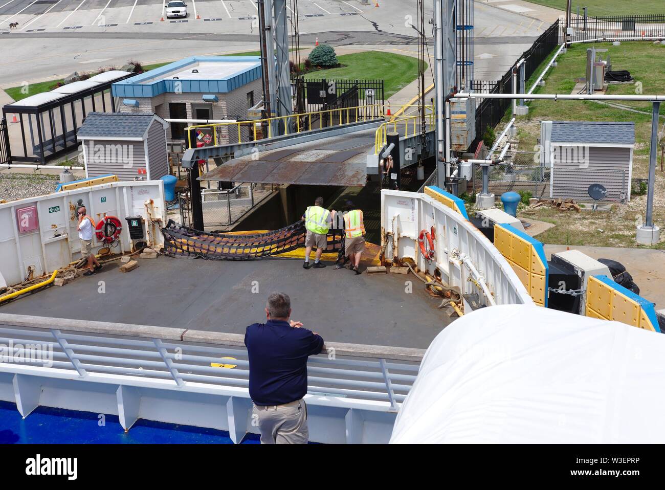Automibile loading ramp operations begin on the Cape MayLewes Ferry