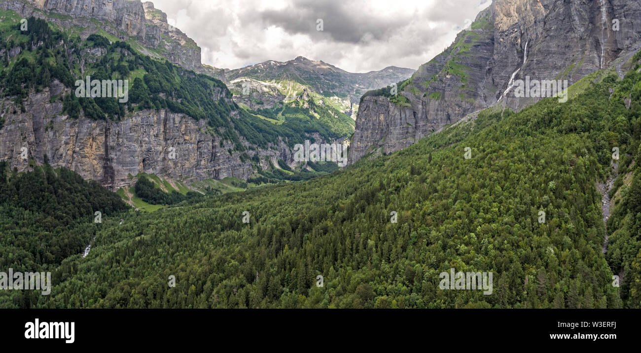drone view of a alpine river valley and lush green alpine forests