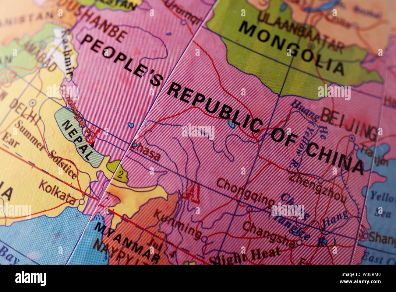 Peoples Republic of China on a world globe in close up focus in a concept of travel and destinations Stock Photo