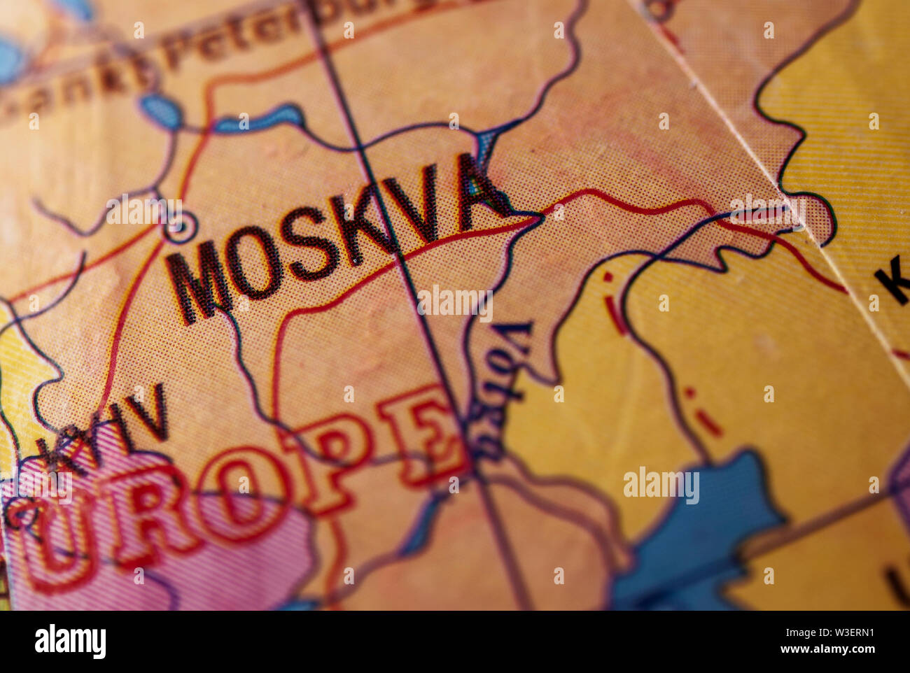 Selective focus to Moskva or Moscow, Russia, on a world globe for educational, political or travel concepts Stock Photo
