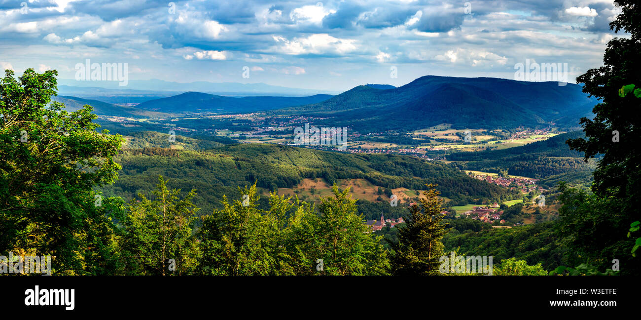 Spacious mountain landscape. A view from the hill to the valley of ...