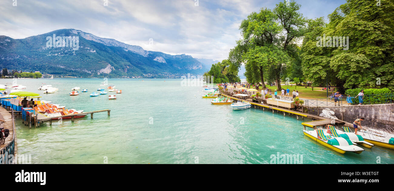Lake of Annecy. Moody landscape with boats Stock Photo