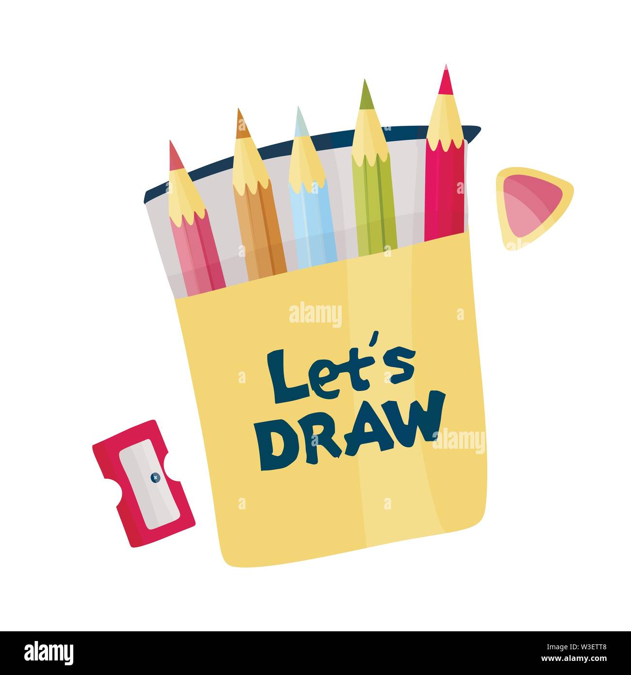 Lets draw. Vector pencils, sharpener and eraser. Stock Vector