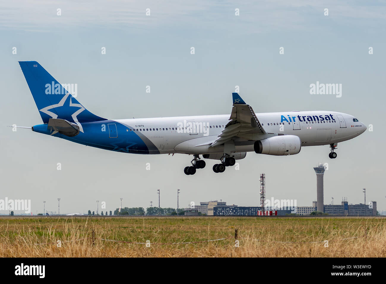C-GITS, July 11, 2019, Airbus A330-243-0271 landing on the runways of the Paris Roissy Charles de Gaulle airport at the end of the Air Transat TS356 f Stock Photo