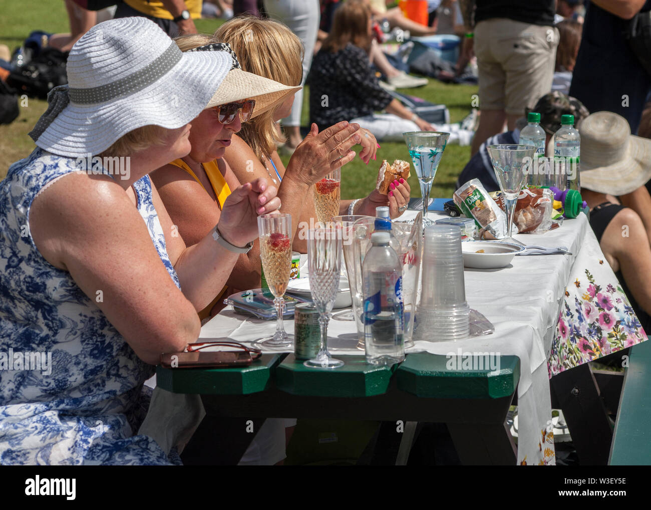picnickers drinking champagne with strawberries on henman hill / murray mount 2019 wimbledon championship Stock Photo