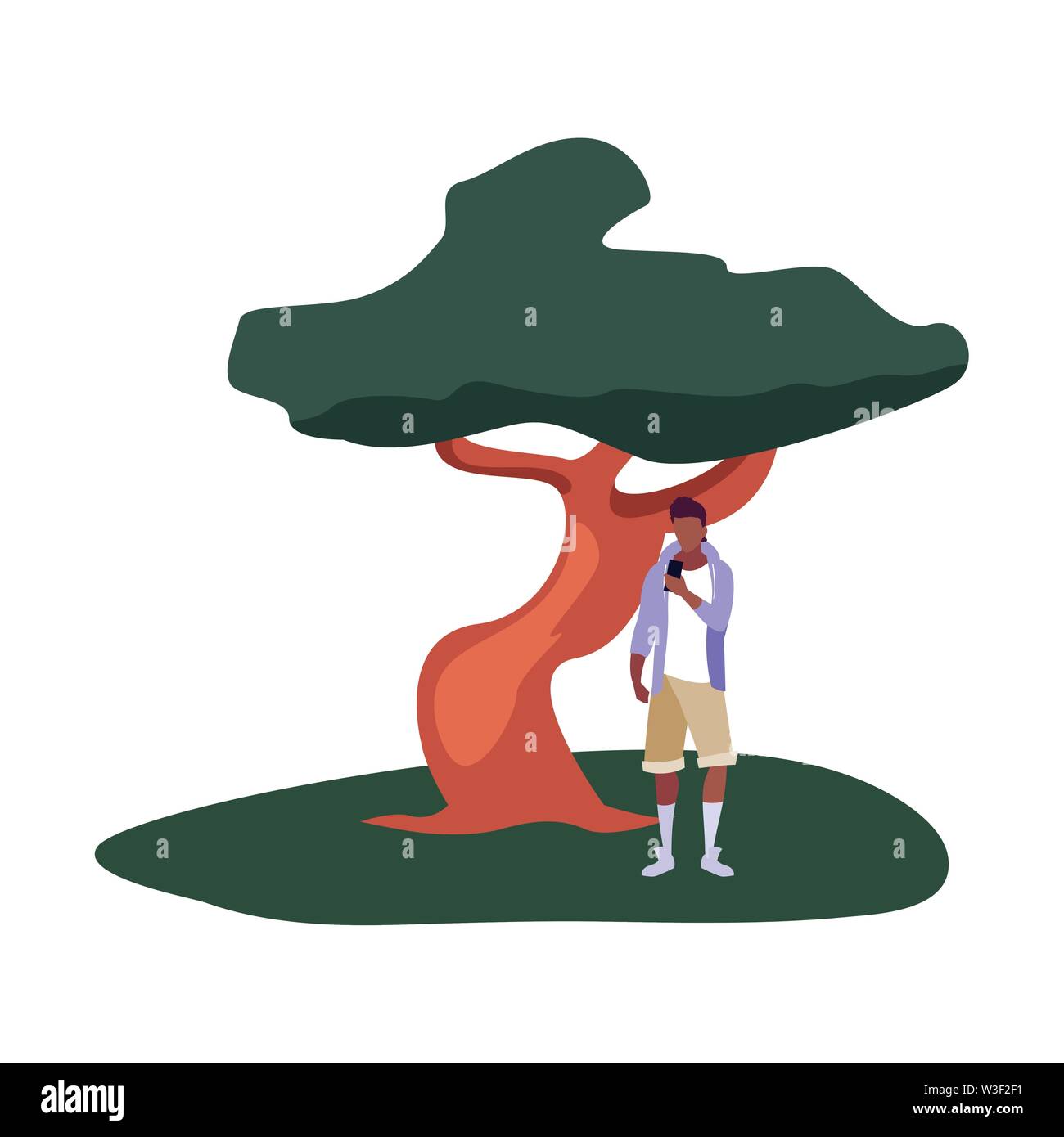 Cartoon Tree Using Phone young man using smartphone outdoor tree natural vector illustration ...