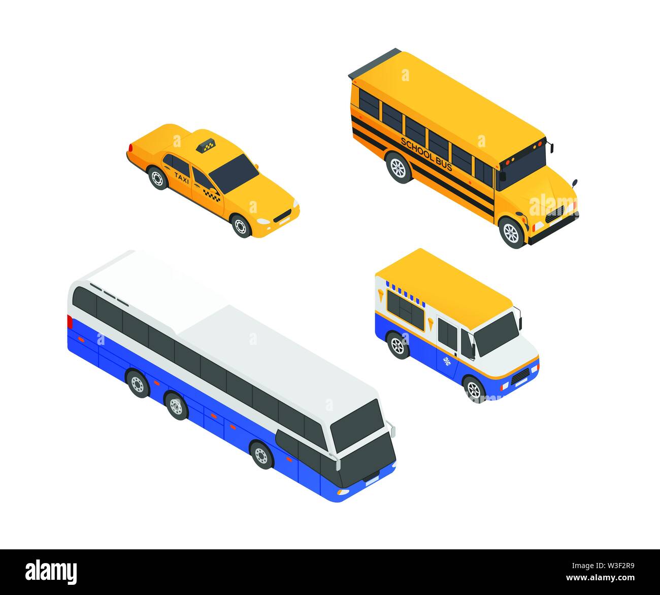 Public transport vehicles - modern vector isometric colorful elements Stock Vector
