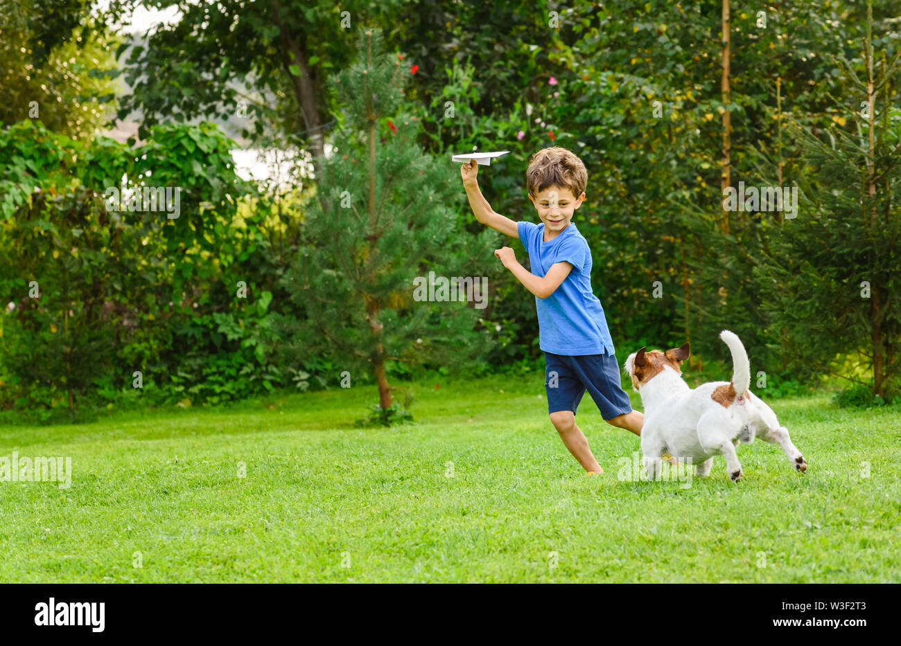 Kid playing with paper airplane and dog outdoors at backyard lawn Stock Photo