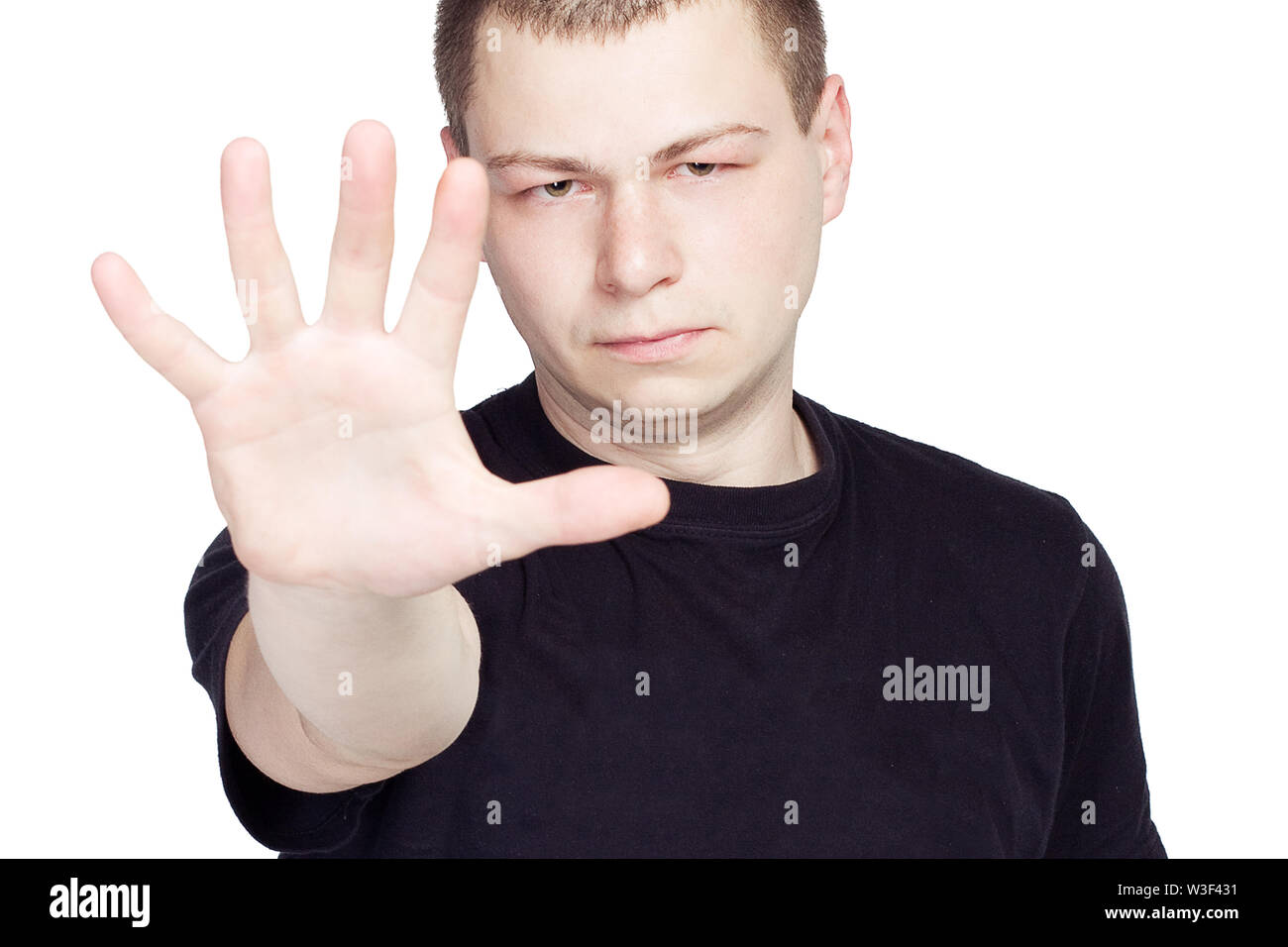 man shows the hands stop on white background Stock Photo