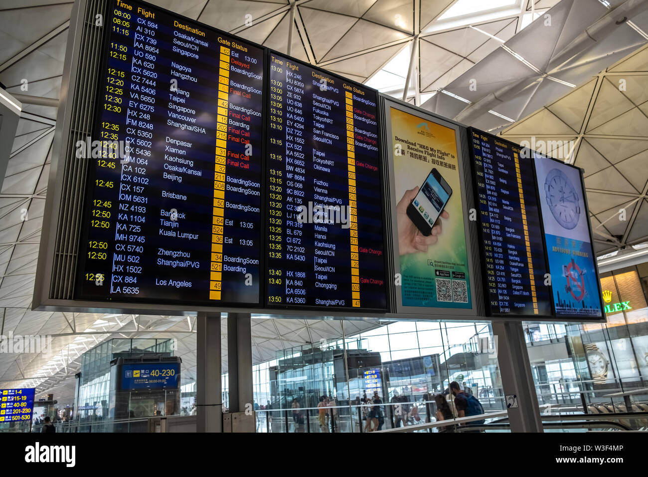 Lantau, Hong Kong  - August 26, 2018 :  Airplanes departure information panel at Hong Kong International Airport Stock Photo