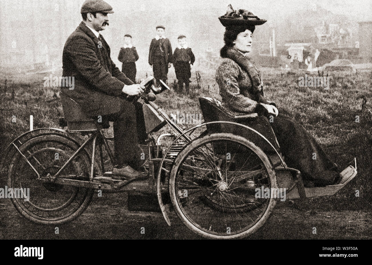 A Combination bicycle which carried the passenger in front and slightly to the left of the rider to enable him to see the road.  The handlebars were replaced by a wheel and the engine was set forward.  From The Pageant of the Century, published 1934. Stock Photo