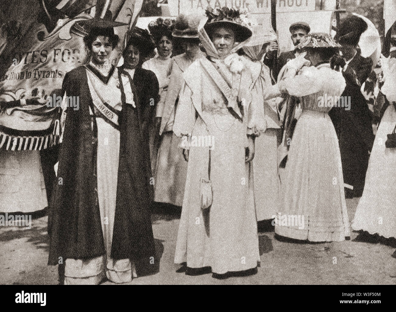 EDITORIAL Lady Emmeline Pethick-Lawrence, 1867 – 1954, left. British women's rights activist. Emmeline Pankhurst , née Goulden, 1858 – 1928, right. British political activist and leader of the British suffragette movement. From The Pageant of the Century, published 1934. Stock Photo