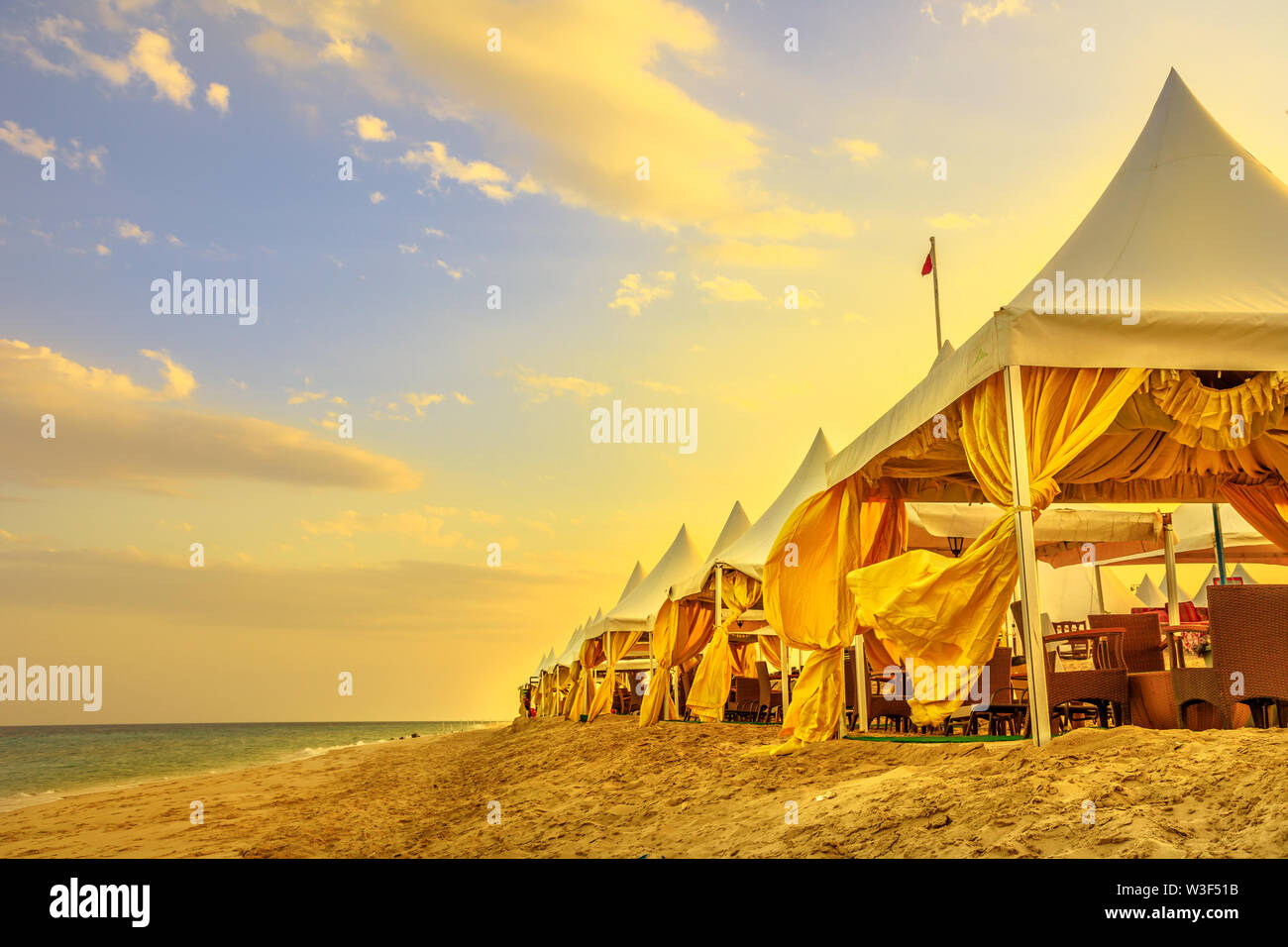 Luxurious Tents At Desert Beach Camp Inland Sea Khor Al Udaid In Persian Gulf Southern Qatar Scenic Sunset Sky In Middle East Arabian Peninsula Stock Photo Alamy