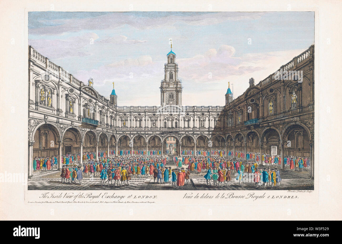 The Inside View of the Royal Exchange at London, England.  Veue du dedans de la Bourse Royale a Londres.  After a hand coloured engraving published circa 1750. Stock Photo