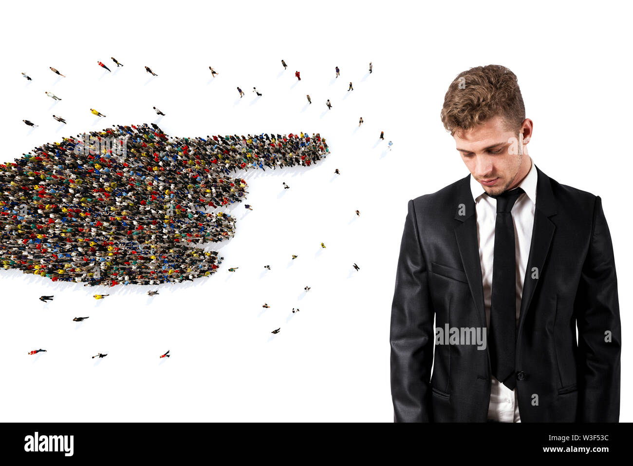 Crowd of people united forming a hand pointing a sad man. 3D Rendering Stock Photo