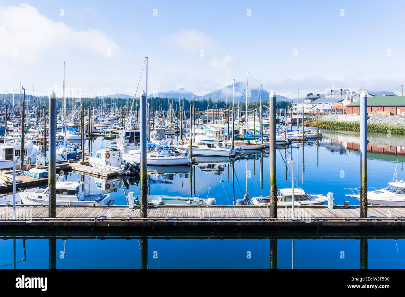 Calm morning landscape of harbor piers brimming with fishing boats, Ketchikan, Alaska, USA Stock Photo